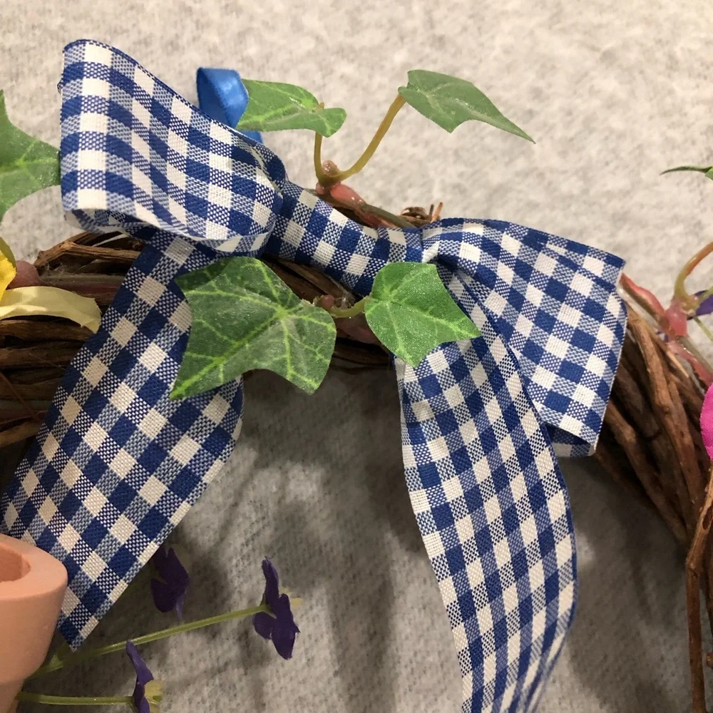 NWOT - Colorful Floral Garden Wreath with Gingham Bow